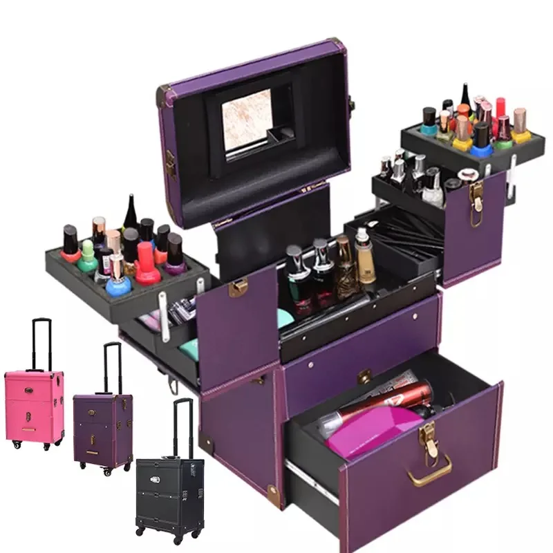 Valise à cosmétiques à roulettes multicouche de grande capacité, valise de maquillage, boîte à outils de tatouage des ongles, chariot professionnel de haute qualité