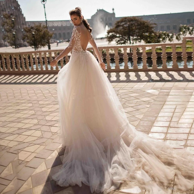 Vestido de novia de sirena con cuello en V y Espalda descubierta, traje Sexy bohemio de encaje, manga larga, sobrefalda