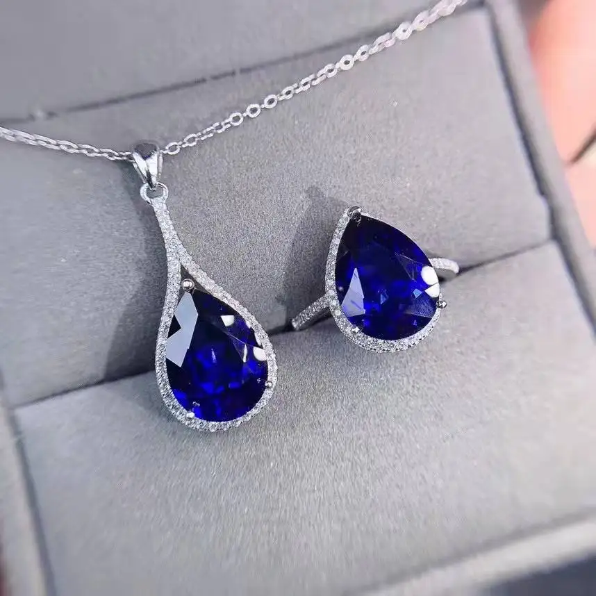 FS Natural Sapphire Drop Pendant Necklace Rings Set  for Women S925 Sterling Silver Fine Fashion Weddings Jewelry MeiBaPJ