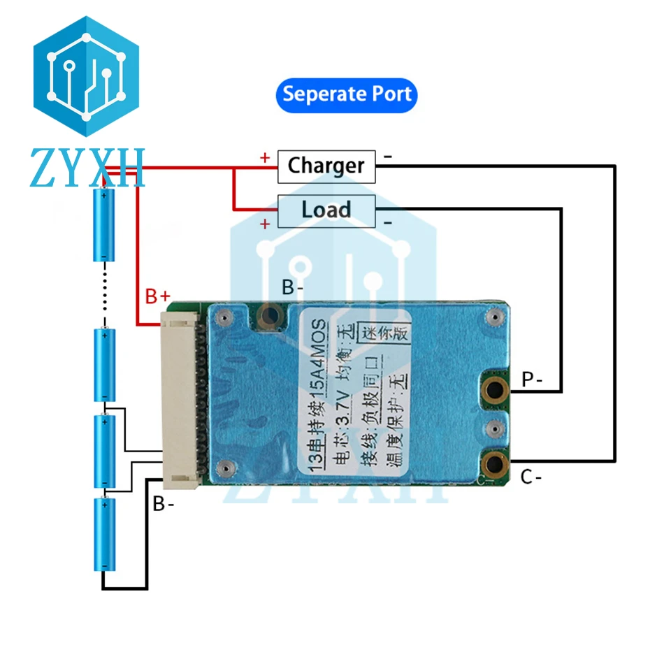 BMS 13S 48V 15A 20A Li-ion Lithium 18650 Battery Pack Charge Board Common/Separate Port 2-in-1 For Escooter