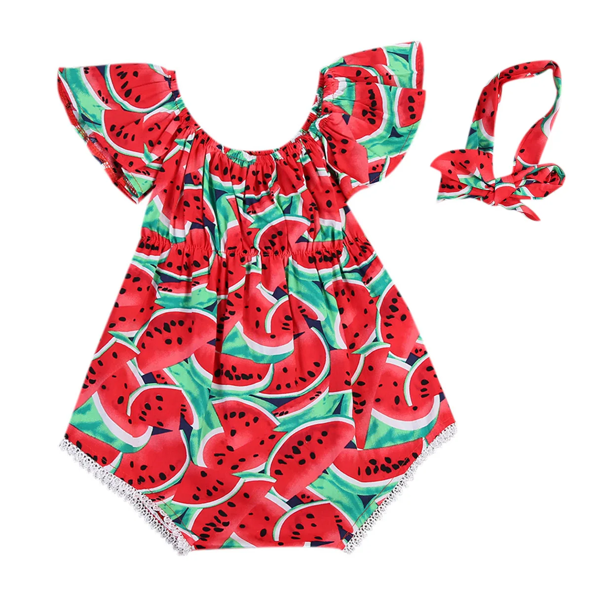 Toddler Infant Baby Girls Ropmers Cute Watermelon Ruffles Short Sleeve Bodysuit+Headband 2pcs Outfits Sets Lovely Summer Outfits