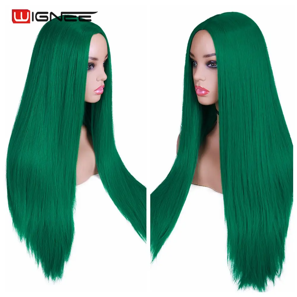 Wignee Groen Lang Steil Haar Synthetische Pruik Voor Vrouwen Dagelijks/Party/Cosplay Midden Deel Lijmloze Natuurlijke Vezel Pack haar Pruiken