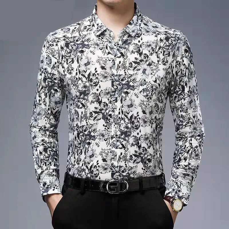 

Men's Thin Long- Sleeved Shirt Spring And Autumn Young And Middle-Aged Business Casual Stretch Floral Chinese Style Ice Silk Top