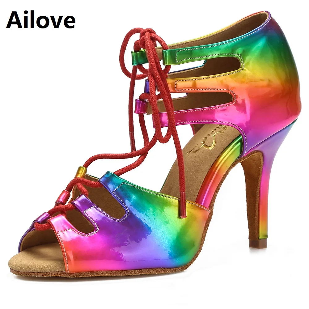 Women Ballroom Latin Dance Shoes Lady Lace-Up Salsa Dancing Sandals Bright Rainbow PU Indoor Sports Heels ALS052