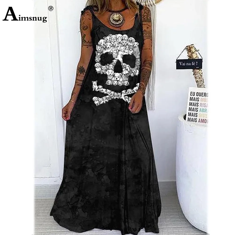 Aimsnug 2025 Summer Ladies Elegant Fashion Long Maxi Dress Western Style Gothic Skull Print Dresses Women Casual Loose Dress New