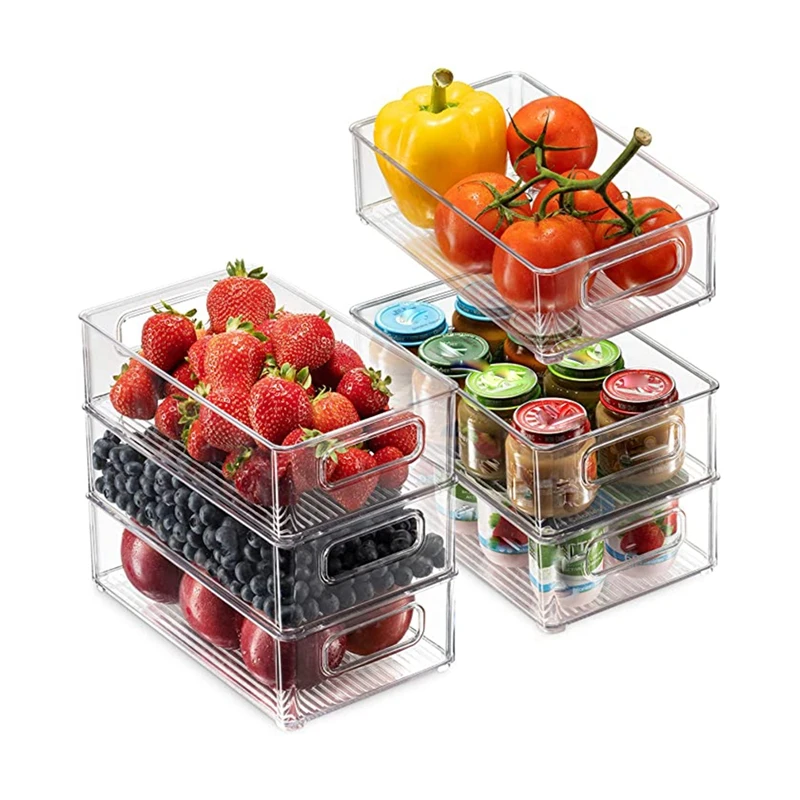 6Pcs Refrigerator Organizer Bins Stackable Fridge Organizers with Cutout Handles Clear Plastic Pantry Food Storage Rack