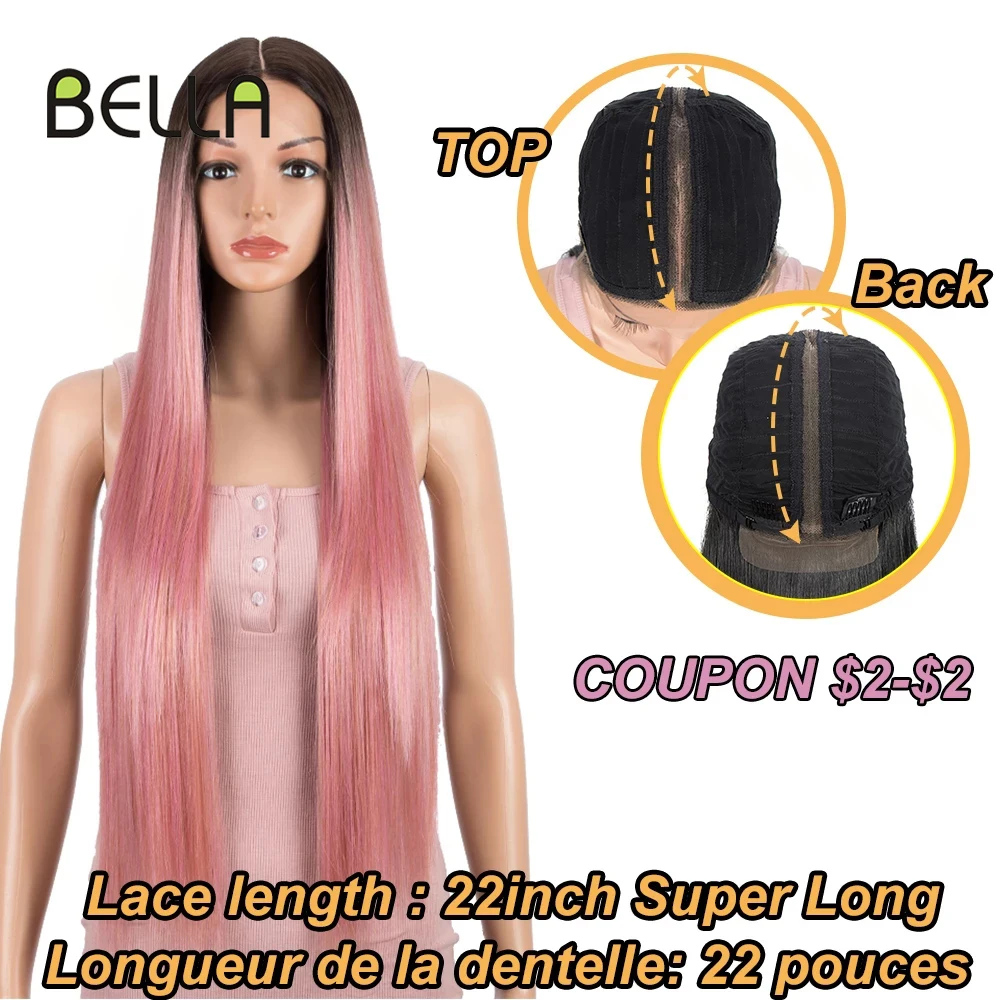 Bella Pink Color Synthetic Lace Front Wig For Women Long Straight Hair Wigs Middle Part Lace Full Head Braid Cosplay Pink Gray