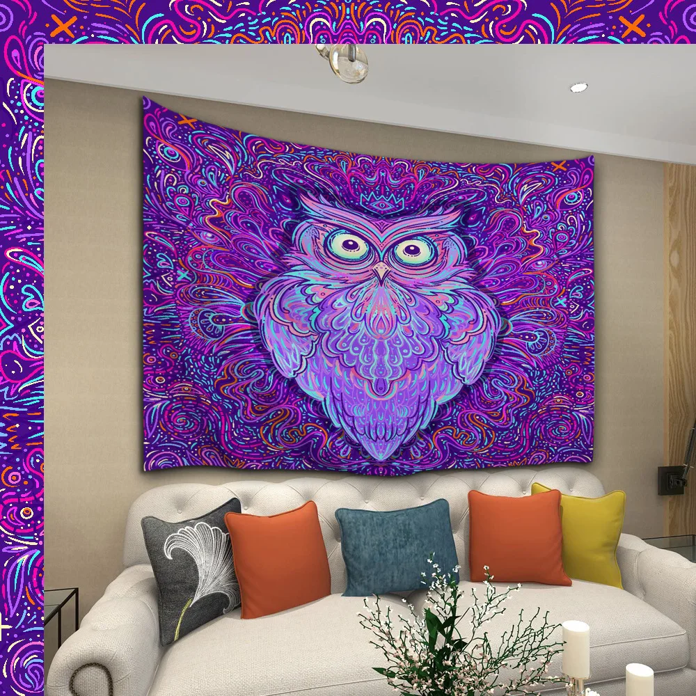 

Night Owl Fluorescent Tapestries Psychedelic Mushroom Hanging Cloth Art Wall Decor Home Decoration Background Luminous Tapestry