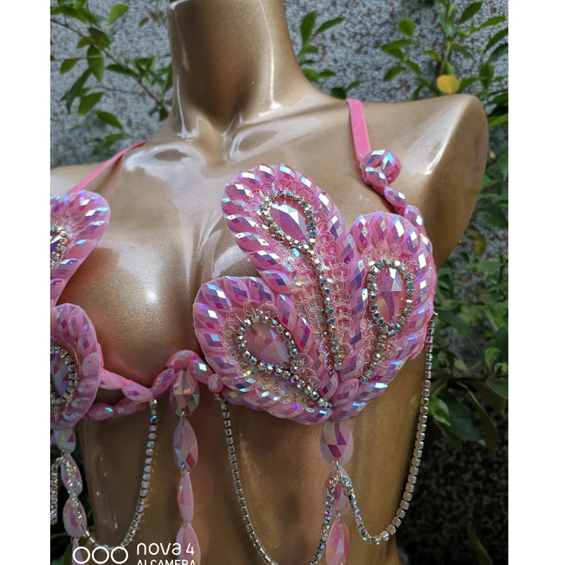 Pink Color Stone Hand Made 2 Piece Set dance party wear Sexy belly dance costume Samba Carnival Bra High Waist Pants