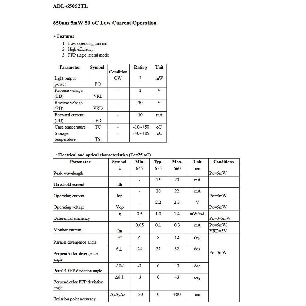 ADL65052TL 650nm 5mW ~ 18 2.2V-2.4V 적색광 레이저 다이오드 튜브 유리창 내장 PD 고품질 N 유형, 5 개