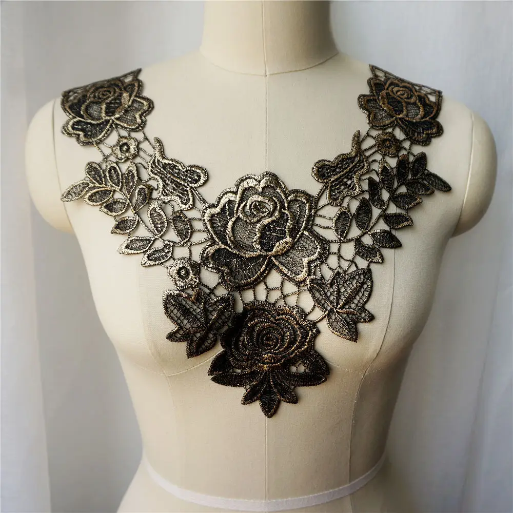 Bronze White Black Red Embroidered Gown Appliques Lace Fabric Trims Collar Mesh Sew On Patches For Wedding Decoration Dress DIY