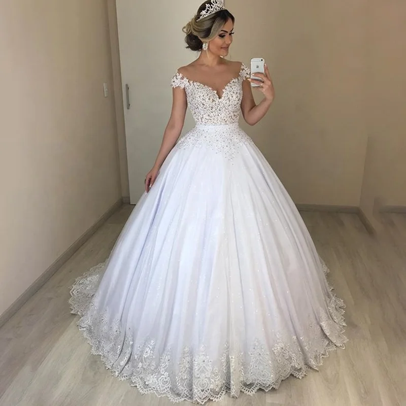 

Short Sleeves A Line Wedding Dresses Crystals Beading Appliques Bridal Gowns Custom Made Illusion Tulle Women Marriage Clothing