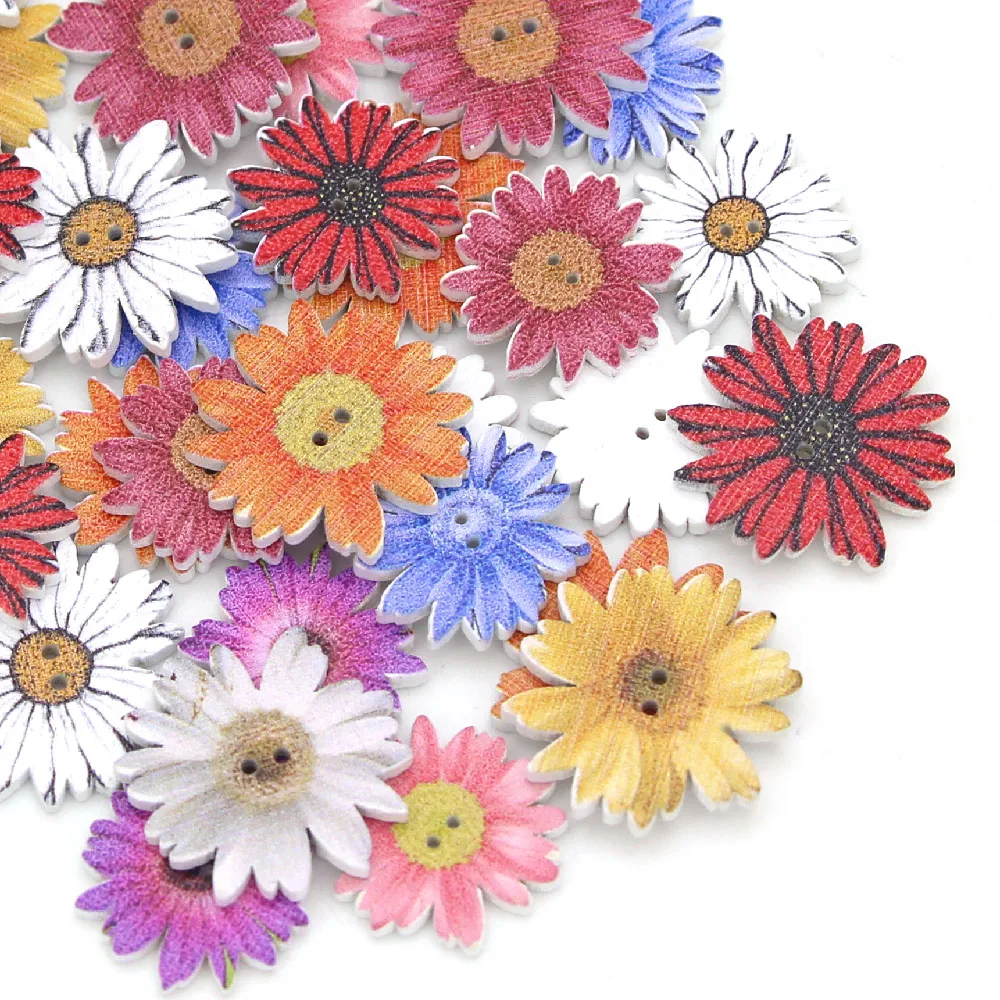 

50/100/200 Pcs Wooden Flower Buttons 2 Holes 25mm Chrysanthemum Shape Mixed Button Scrapbooking Sewing Accessories DIY Craft