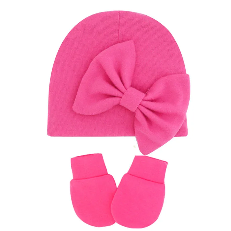 Chapeau et mitaines personnalisés avec nœud pour bébé, cadeau de naissance pour nouveau-né, nom personnalisé, rose, fille