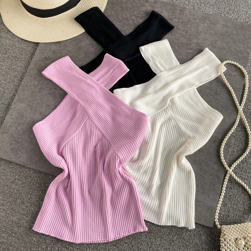 2021 Summer Sleeveless Tshirts Women Crossed V-Neck Slim Tank Tops Girl Short Solid T-Shirt Camisole Tees Top