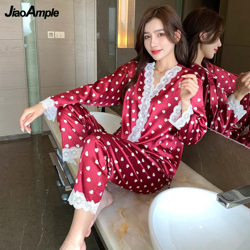 

Pajamas Women Spring Autumn Ice Silk Long-sleeved Trousers Nightie Two-piece 2022 New Simple Lace Sexy Sleepwear Homewear Suit