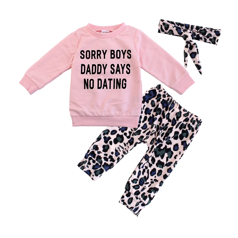 Newborn Baby Girl Clothes Set Fashion Leopard Pants Pink Letter Print Tops Headband 3Pcs Autumn Toddler Infant Clothing Outfits