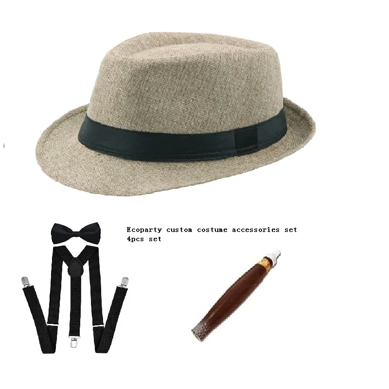 MENS GANGSTER PANAMA HAT TIE CIGAR 1920\'S MAFIA ADULT FANCY DRESS COSTUME