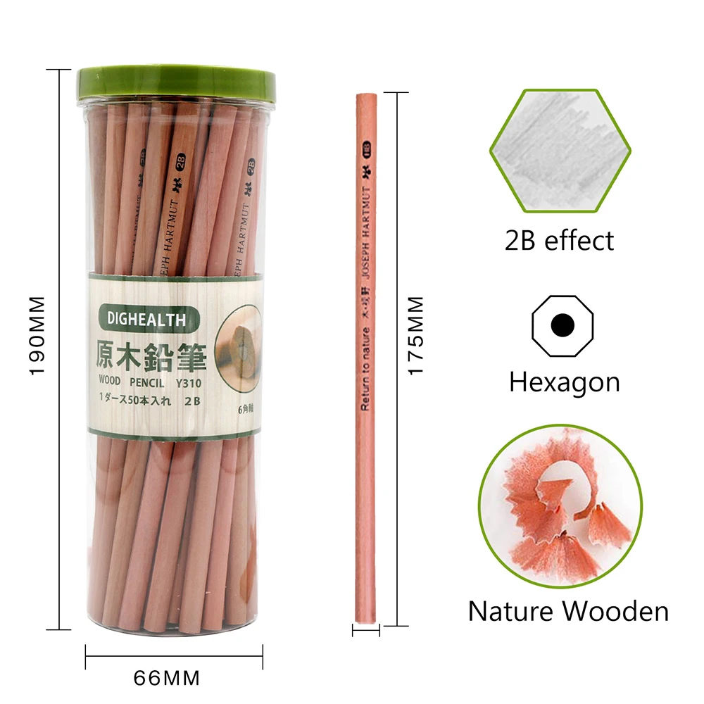 Umitive 50 pcs/set 2B Nature Wood Hexagon Pencils Non-Toxic Pencils For Kids Writing Sketching Painting School Office Supplies