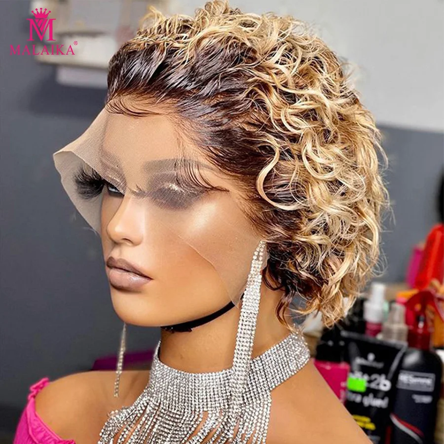 

Malaika Hair Transparents Lace Water Curly Bouncy Curl 1b/30 Short Bob 13x1 Lace Front Human Hair Wigs Brown Wig Salon Wig