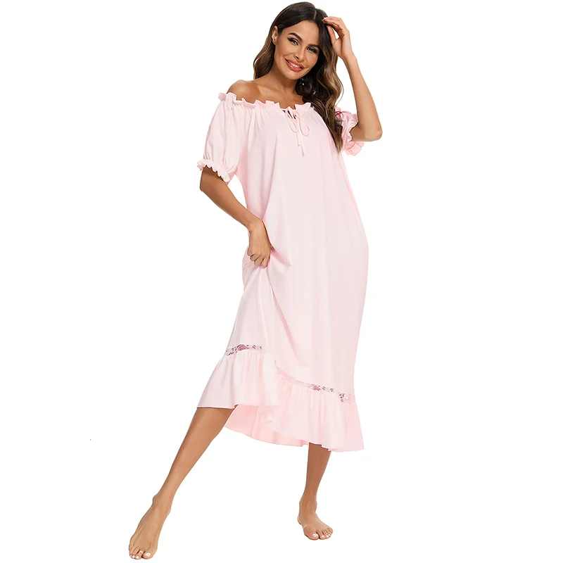 Sleepwear Nighty Woman Autumn Nightgown White Pink Nightdress Leisure Fashion Long Vintage Home Dress Ladies Nightwear Boat Neck