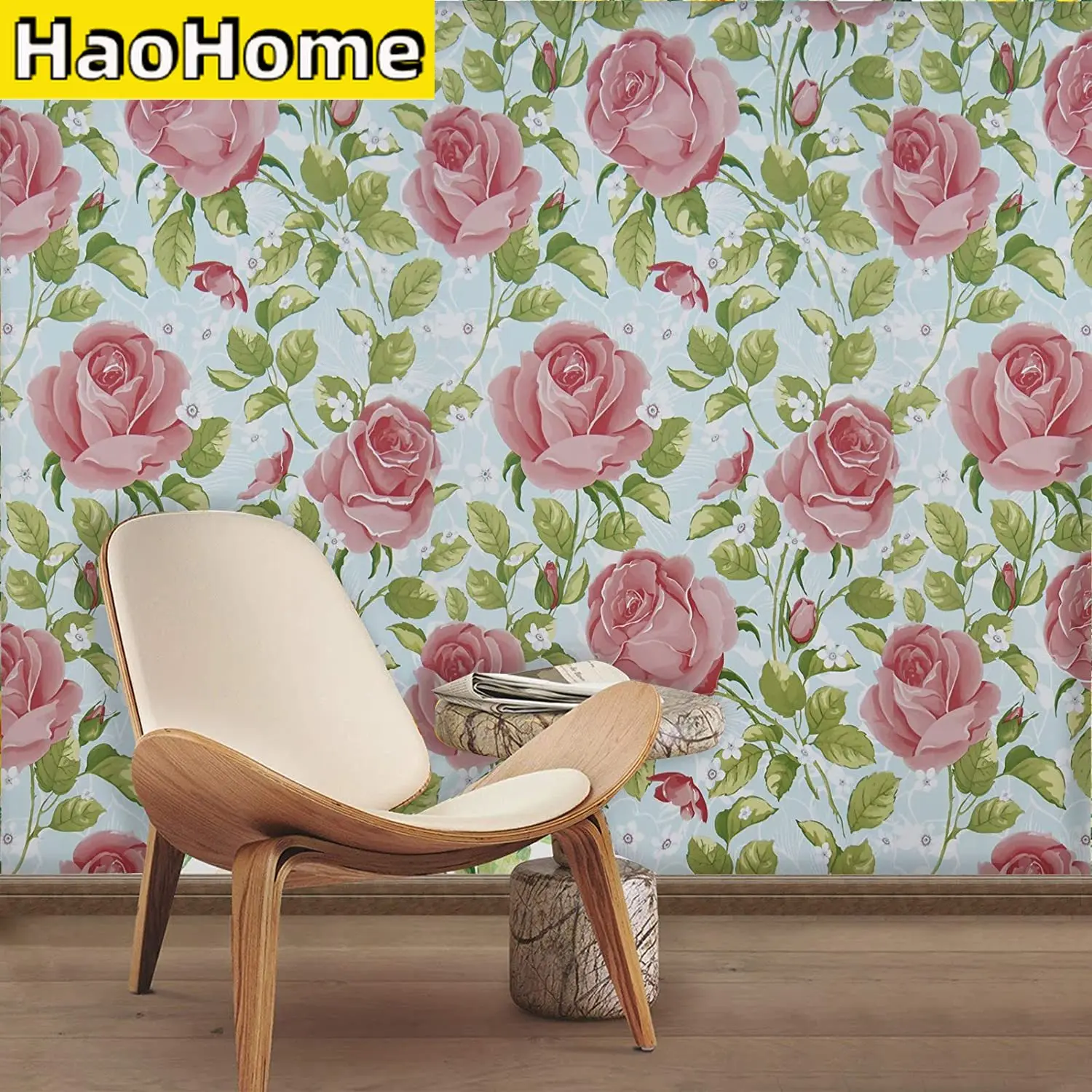 HaoHome Pink Rose Self Adhesive Wallpaper Removable  Floral Peel and Stick Wallpaper Furniture Home Decorative Wall Covering Rol