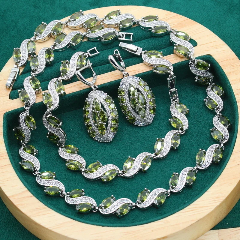 Necklace 925 Silver Jewelry Sets for Women Wedding Exquisite Olive Green Zircon Earrings Bracelet Holiday  Gift