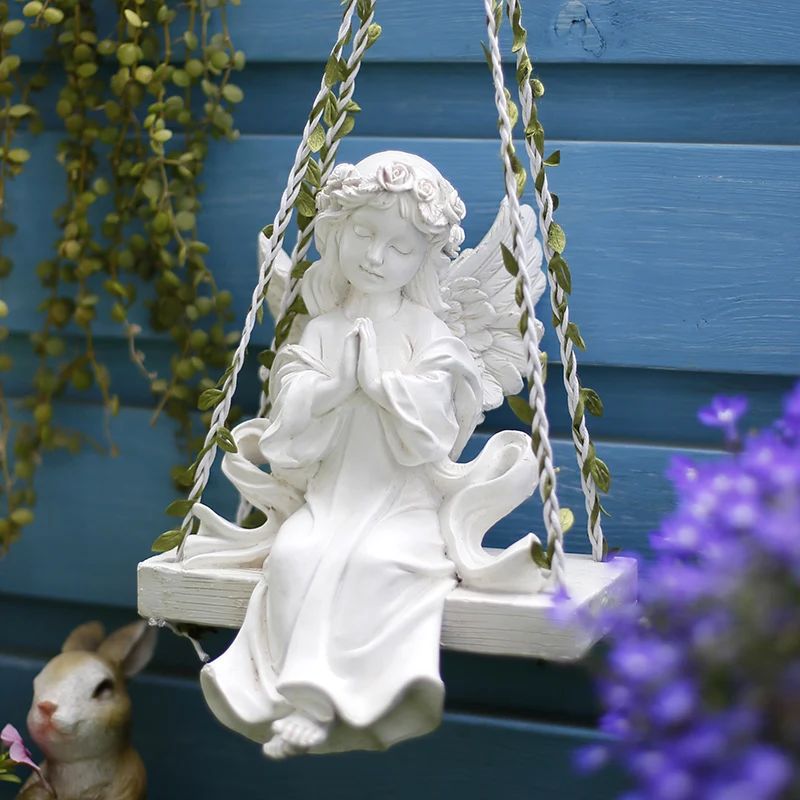 Fairy Garden Swing Angel Girl Resin Statues Feng Shui Outdoor Homestay Ornaments Crafts Home Yard Balcony Accessories Decoration