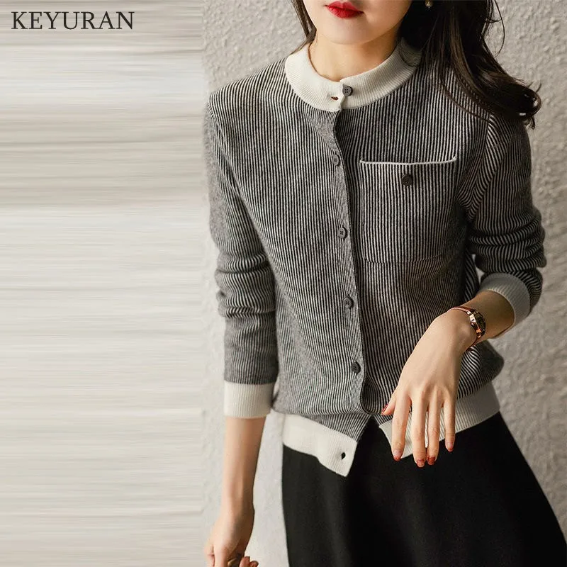 Women\'s Kitted Cardigan Jacket  Female 2021 New Autumn Winter Round Collar Casual Long Sleeve Striped Cardigans Sweater Outwear