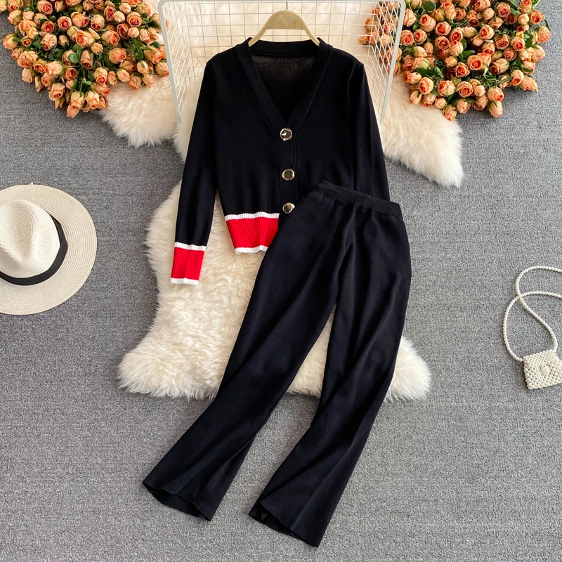 2021 Women Knitted Long Sleeve Cardigan Wide Leg Pants 2PCS Suits Casual Autumn Short Top Elastic Waist Sets Loose Streetwear