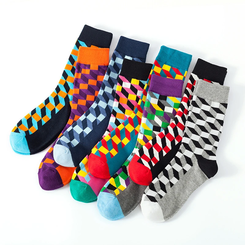 Hot Sale Combed Cotton Fashion Hip Hop Men women Socks Dot Square Diamond Harajuku Skateboard Happy Socks Funny Sokken