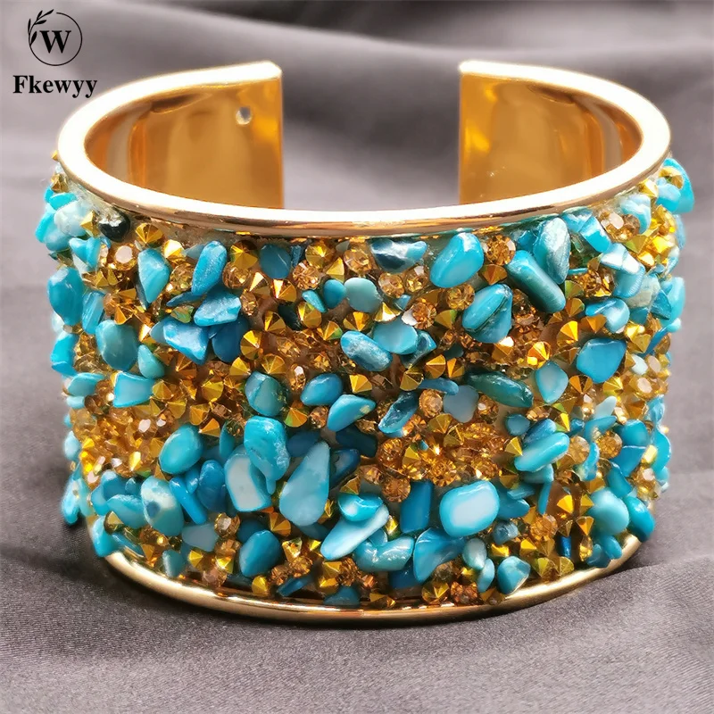 

Fkewyy Designer Luxury Bracelet Woman Jewelry Bohemia Metal Blue Cuff Bracelets Rhinestone Natural Stone Accessories Charm Party