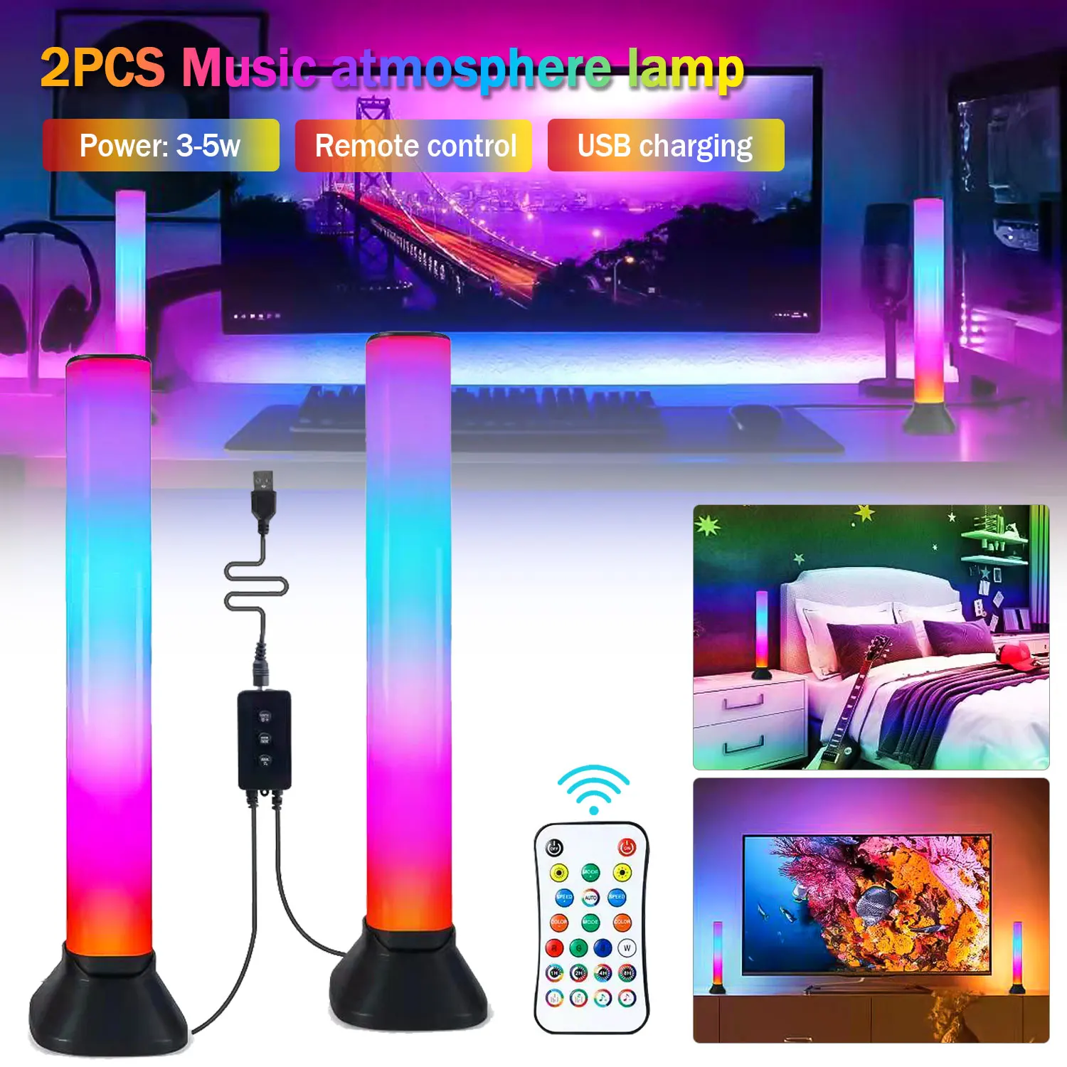 2Pcs LED RGB Light Bar Atmosphere Music Colorful Lamp Remote Control for Gaming PC TV Backlight Bedroom Decoration Night Light