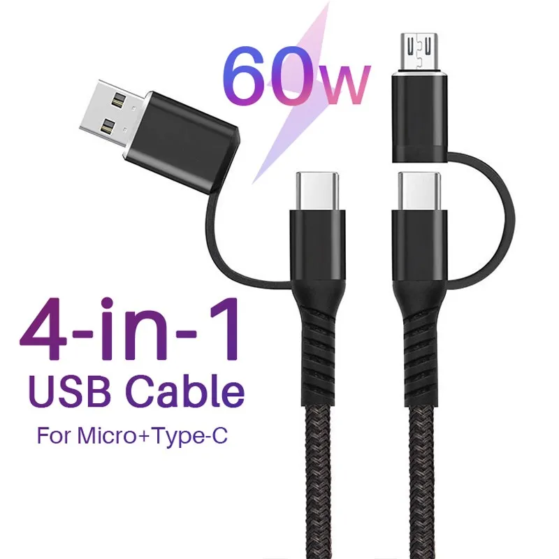 4 In 1 Usb Type C Cable for Huawei for Iphone 12 11 Pro Max PD 60W Fast Charge Micro Usb Type-C Cable for Samsung Xiaomi Redmi