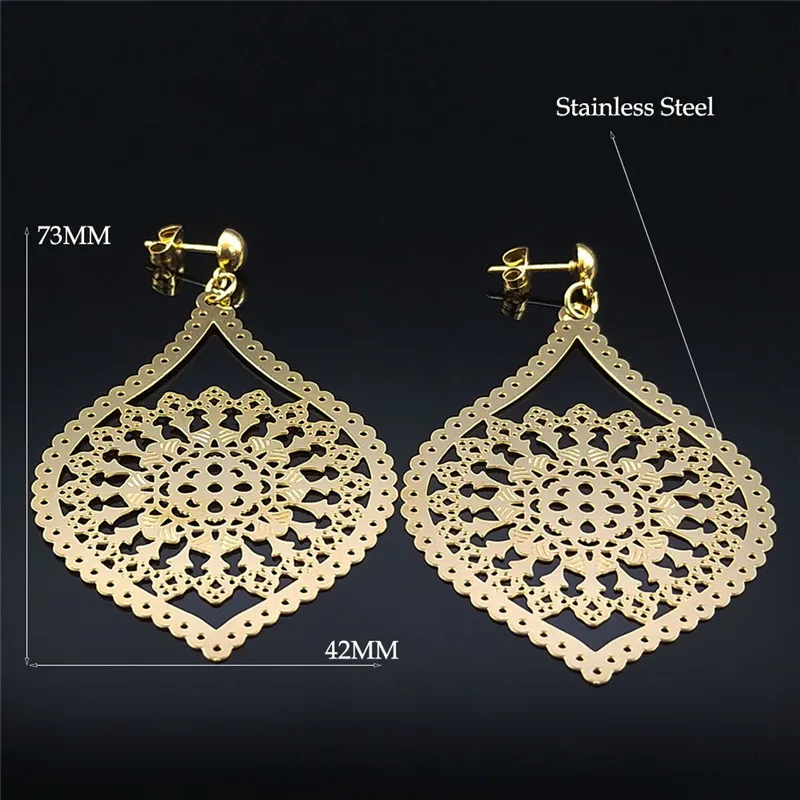 Fashion Bohemia Stainless Steel Big Long Flower Earring Women Gold Color Floral Stud Earrings Boho Jewelry pendientes flor E9144