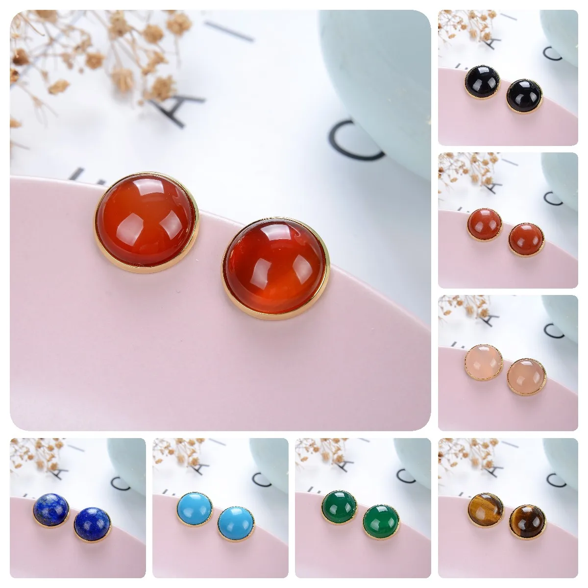 Korean Design Elegant Natural Stone Big Round Clip On Earrings Non Pierced Tiger Eye Stone Ear Clips For Women Jewelry Wholesale