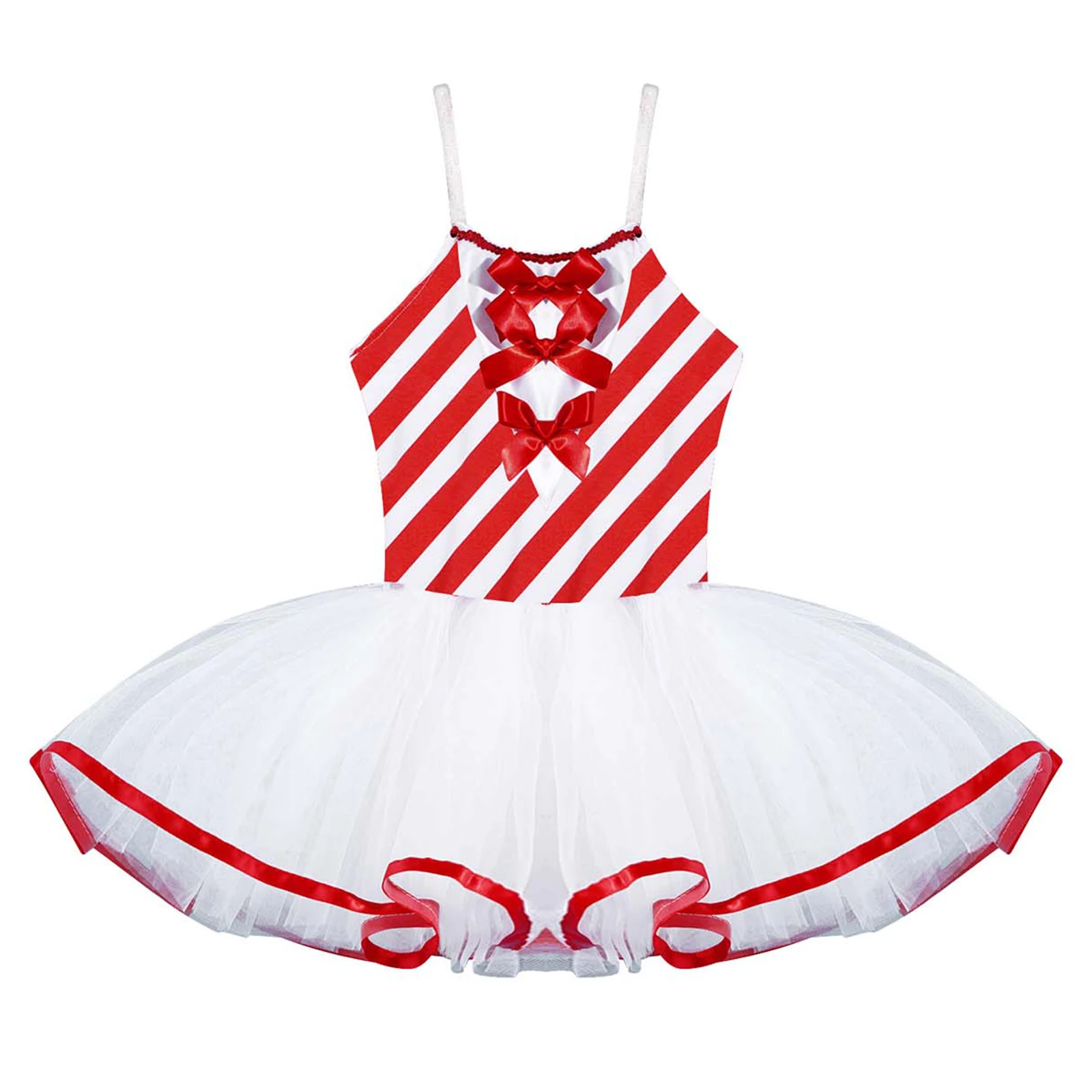 Kids Girls Christmas New Year Party Dress Sleeveless Stripe Mesh Tutu for Figure Skating Gymnastics Ballet Dance Performance