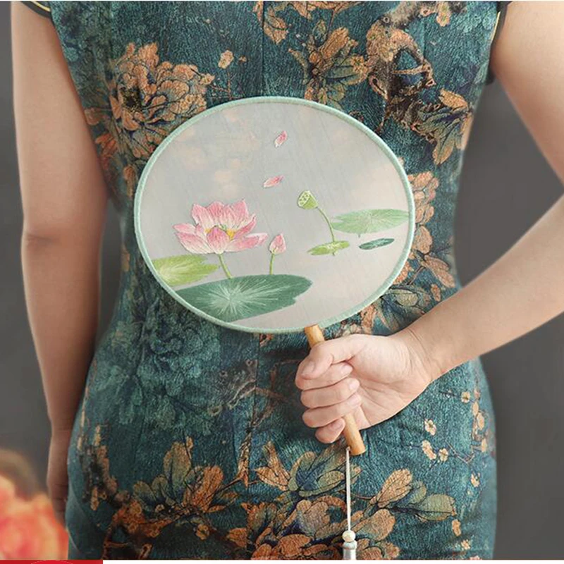 DIY Hand Embroidery Kit Vintage Chinese Silk Round Fan Material Package Practice for Beginners Double Side Embroidered