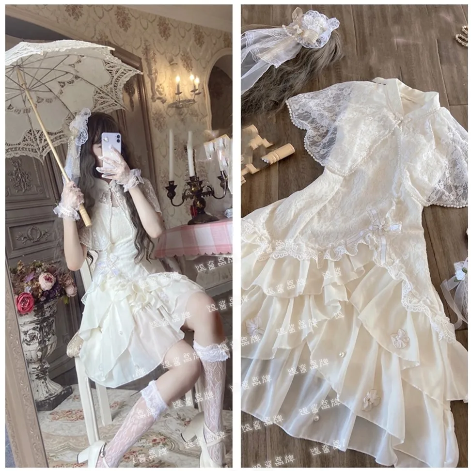 Princess Sweet Lolita Chinese Style Cheongsam Republic Of China Style White Lace Cheongsam Pearl Summer Elegant Shawl Dress Cos