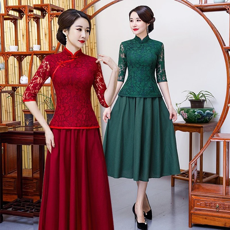 

Lace Cheongsam Tops Chinese Cheongsam women Retro Improved Elegant Cheongsam Set Two-piece Wedding Banquet cheongsam Mom wear