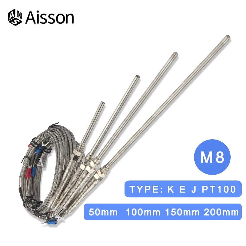 K/J/PT100 Type M8 Thermocouple 1m 2m 3m 5m -200-400℃ Screw Thread Stainless Steel Probe 50mm  150mm 100mm 200mm