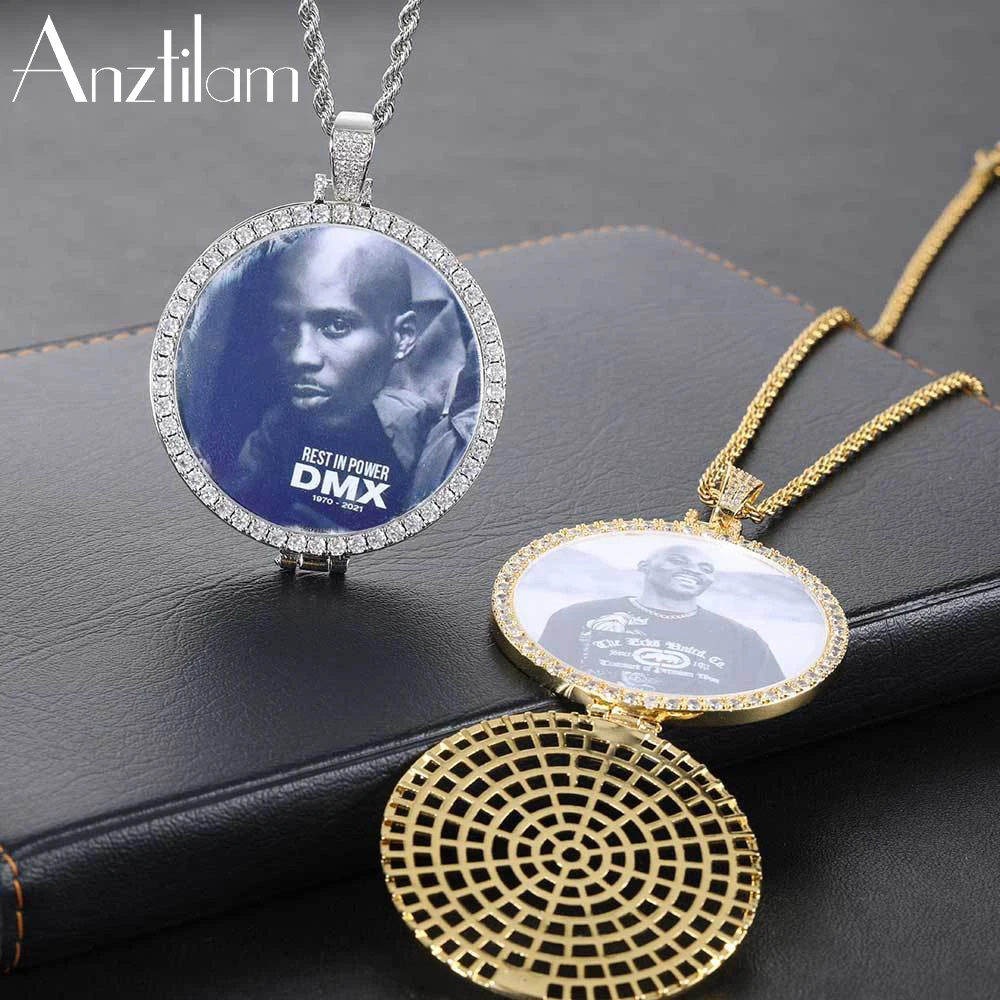 AZ Hip Hop Round Flap Custom Made Photo Pendant Goth Necklace Paved Zircon Stone Men Women DIY Jewelry Wholesale