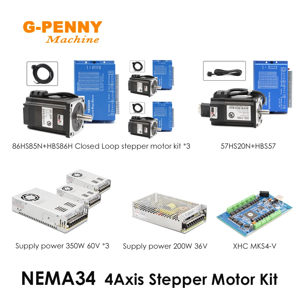 Nema34/23 kit controlador cnc de 4 eixos 2 e 86*85 1 e 57*20 motor de circuito fechado e controlador mks/xhc/et/ddcsv3.1 + fonte de alimentação 350w60v + 200w36v