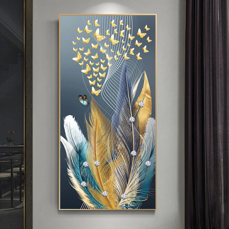 Modern Abstract Canvas Painting,Blue and Gold Feather,Butterfly,Wall Art,Print Poster,Picture for Living Room, Home Decoration