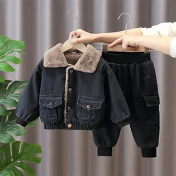 Boys Winter Clothes Set Fleece Thicken Warm Black Denim Jacket Sets Turn Down Collar Coat Pants 2PCS Suits Children Clothing