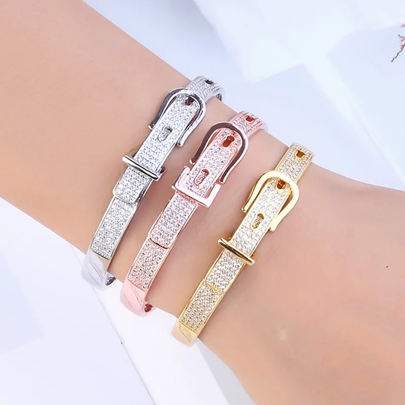 zlxgirl free Velvet bag brand belt shape Cubic Zircon Bracelet bangle jewelry Women CZ Copper Gold Knot Bracelet Bangle