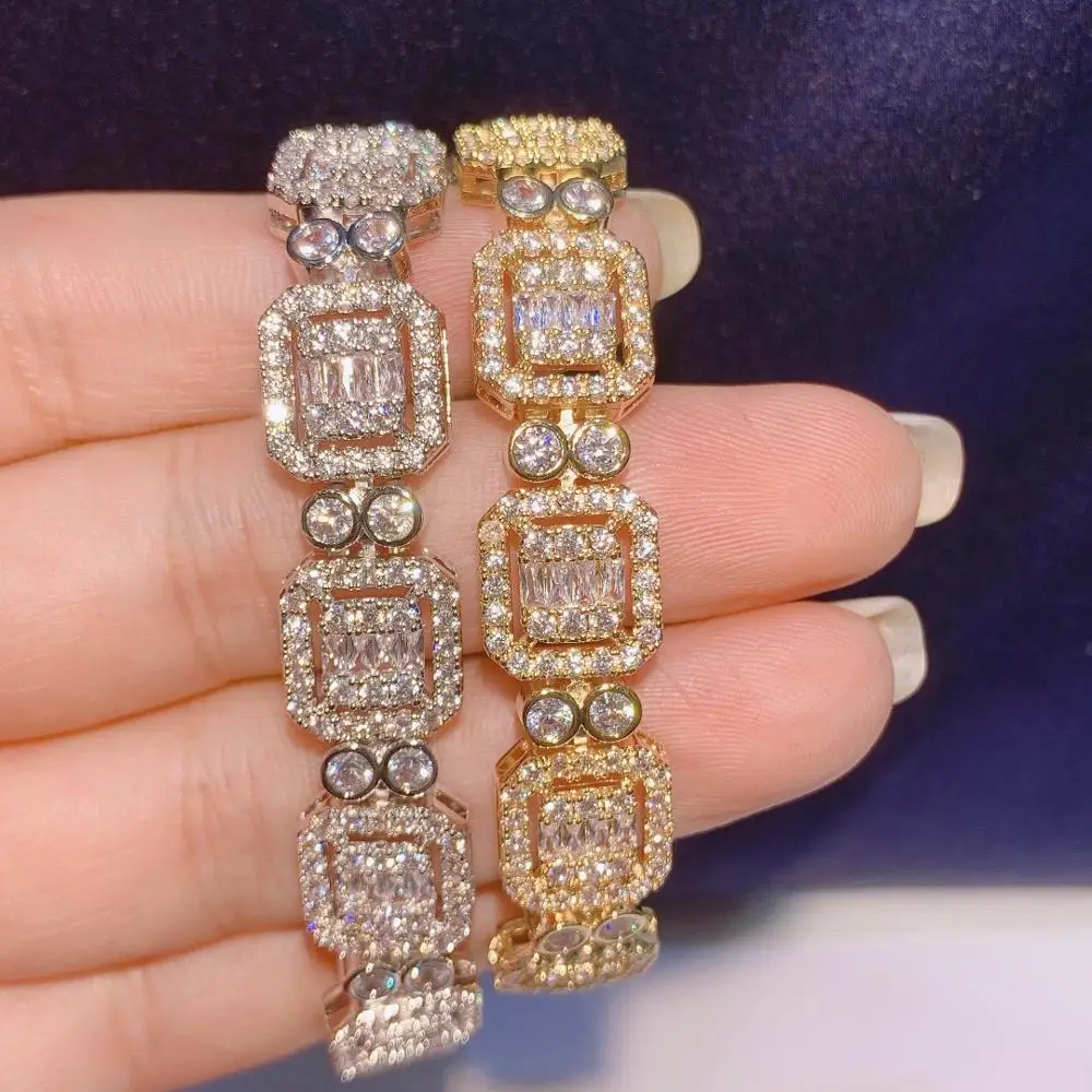 

HIBRIDE Clear Cubic Zircon Paved Square Shape Bangles for Women Bride Wedding Party Female Fashion Jewellery Gift B-157