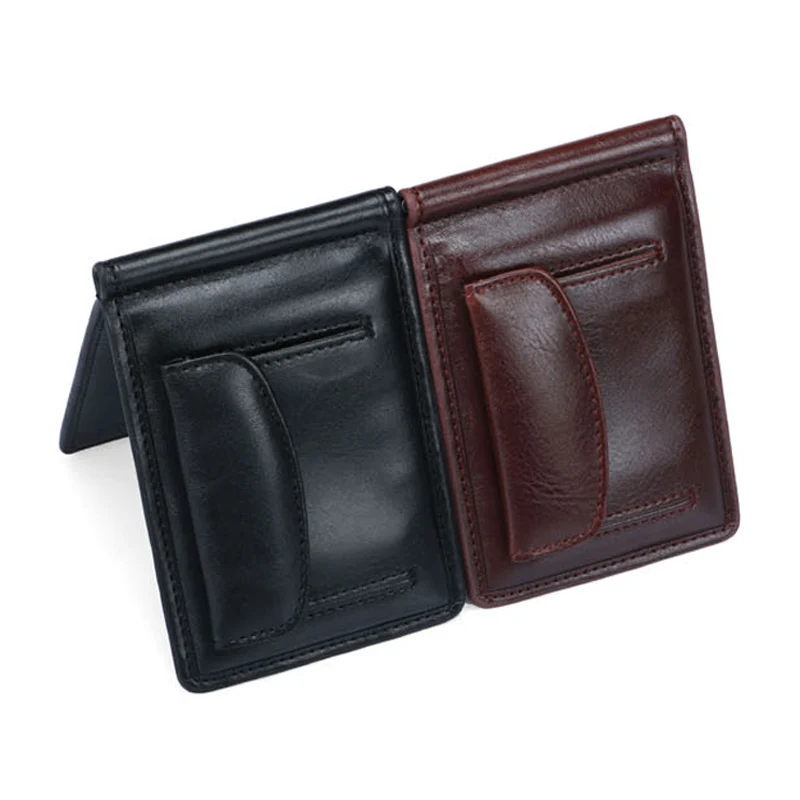 Carteira masculina de couro, carteira pequena de couro com prendedor para dinheiro, com bolso para moedas, porta-cartão de identificação, mini bolsa para homens com fecho magnético