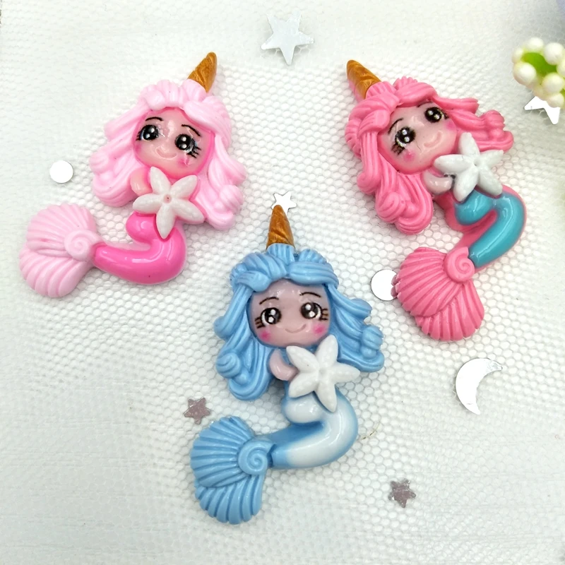 10Pcs/Lot New Kawaii Flatback Resin Unicorn Mermaid Princess Cabochons Accessories Simulated Polymer Clay Cartoon  Girls