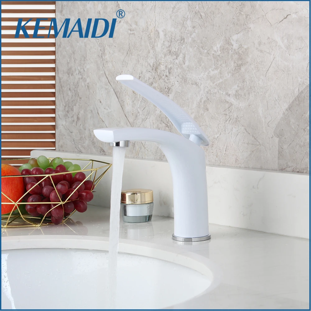 

KEMAIDI Bathroom Vanity Sink Faucet Single Handle Single Hole Deck Mounted, Washroom Basin Mixer Taps Brass White Finished